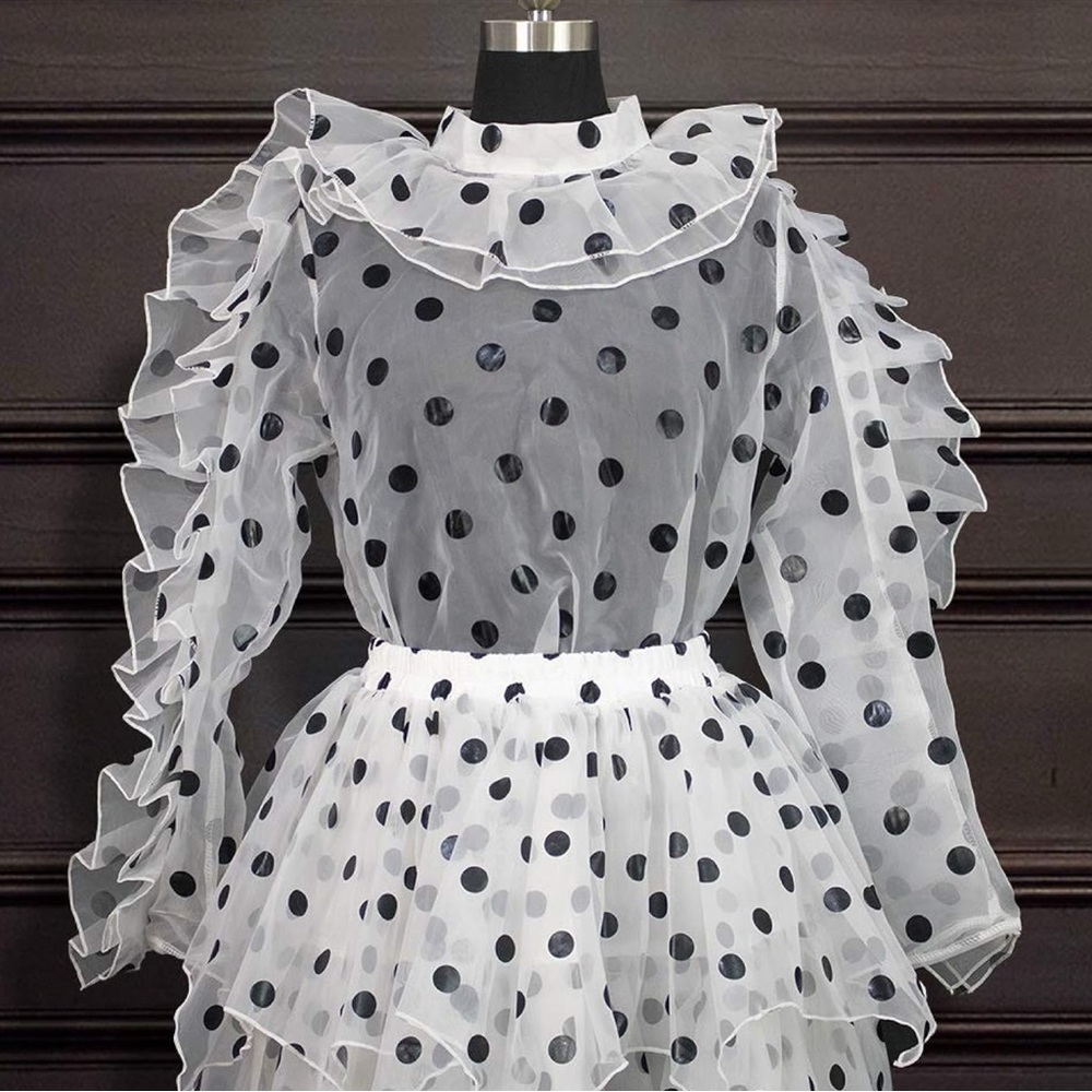 SOLD!Stylish Ruffled Black and White Polka Dot Blouse